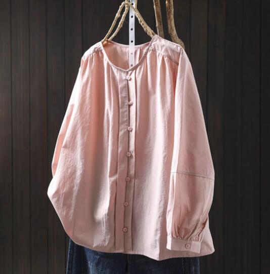 新入荷人気推薦純色 長袖 チュニック ワ イシャツ トップス 綿100% ゆったり オ シャレ フリーサイズ ナチュラル ピンク拍卖