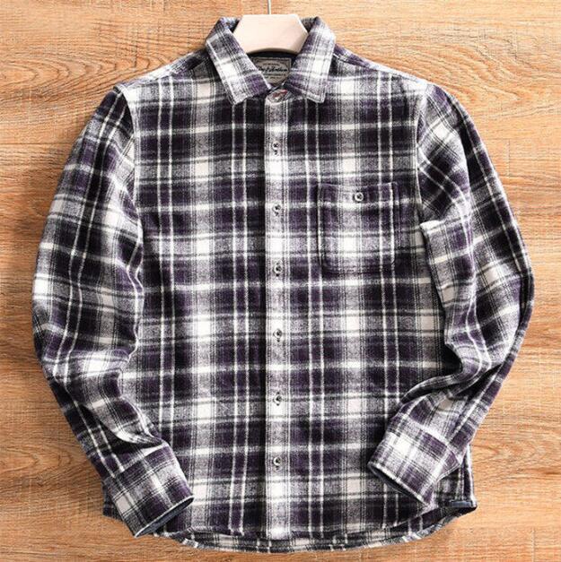 新入荷パープル 新品 チェック柄 ウール混 フランネルシャツ レギュラーカラー 長袖 秋冬 通気 ネルシャツ メンズ カジュアル トップス拍卖