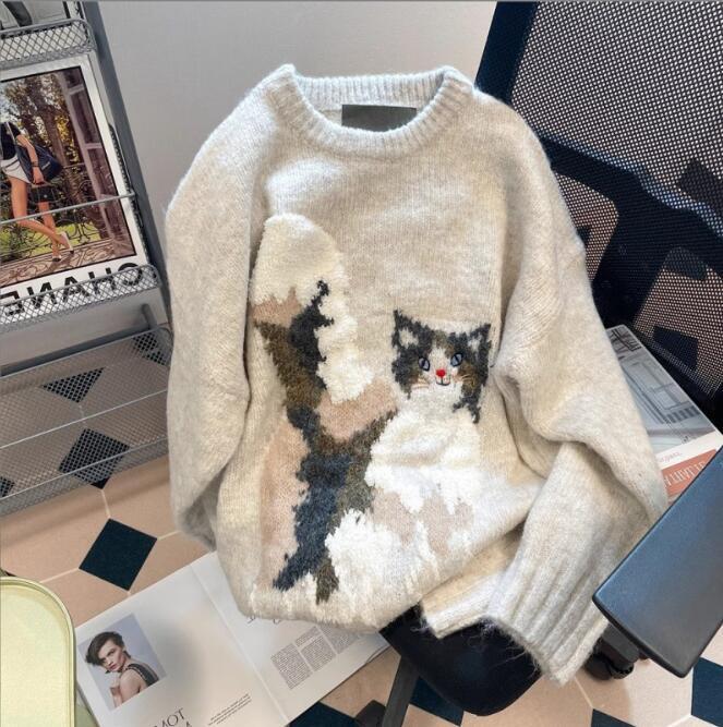 新入荷上質新品 トップス ニット セーター ゆったり ふんわり もこもこ 暖かい ネコ柄拍卖