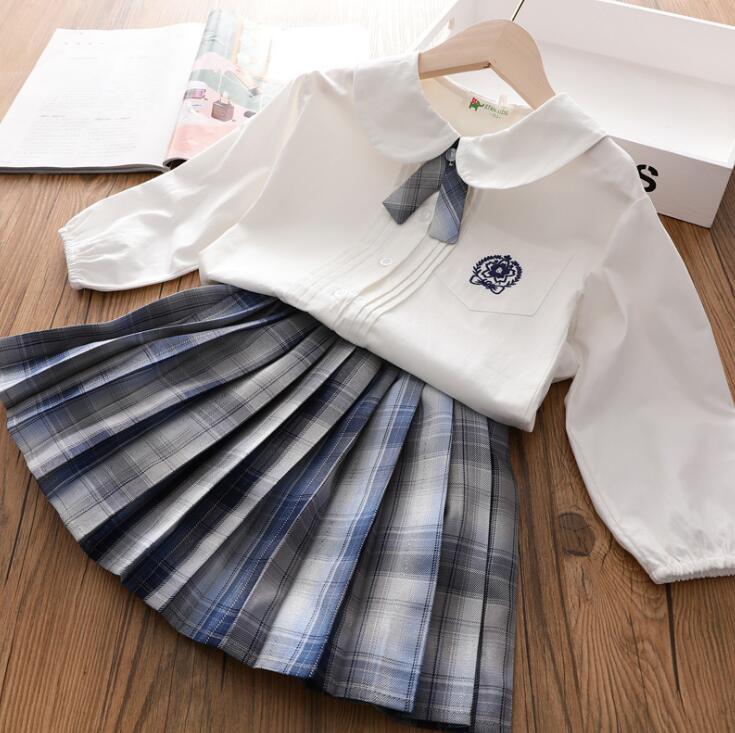 新入荷新品ホワイト+ブルー 卒業式 学園祭 女の子 子供服 制服 2点セット スーツセット 長袖 シャツ チェック柄 プリーツスカート スーツ拍卖