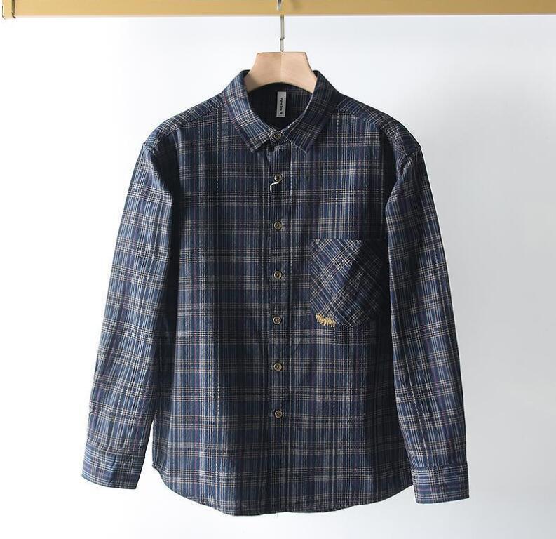 新入荷 ネイビー 新品 長袖シャツ 綿麻混 先染め ウォッシュ加工 格子柄 チェック 快適 通気 夏秋 ゆったり メンズ レギュラーカラー拍卖