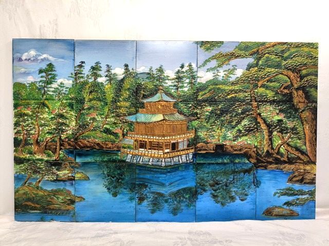 【模写】タイル プレートに描かれた 油絵 金閣寺 横78×縦46cm/京都 飾りに コレクションに拍卖