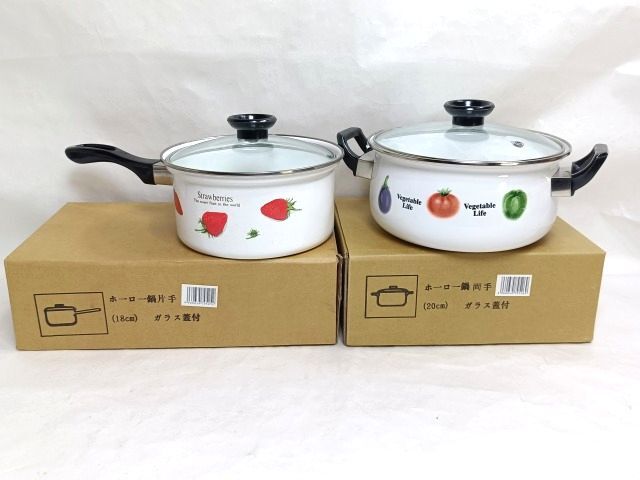 未使用 ベジタブル柄 両手 片手 ホーロー鍋 18cm 20cm ガラス蓋付き 2点/琺瑯ナベ 調理器具 料理拍卖