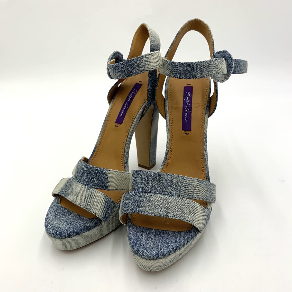 E▼美品 / 高級感溢れる!! イタリア製' Ralph Lauren Purple Label ラルフローレン デニム ストラップ ヒール サンダル EU38.5 24cm~24.5cm拍卖