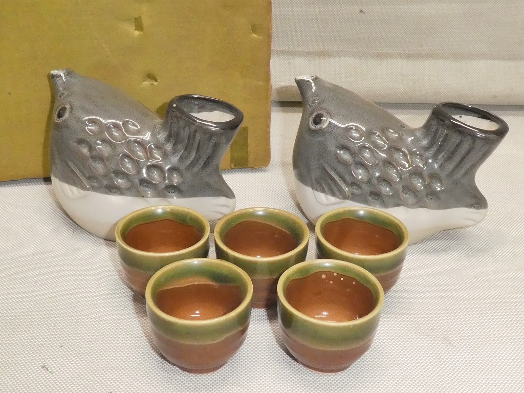 ●ふぐ 酒器セット フグ徳利&お猪口 徳利2点 猪口5点 河豚 盃 和食器●拍卖