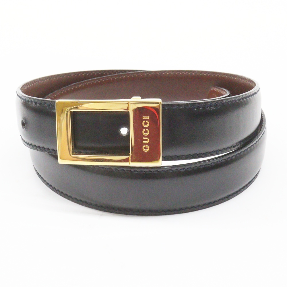 GUCCI グッチ ゴールドバックル レザー ベルト 036.194.0982 ブラック 美品 ゴールド金具 レディース 拍卖