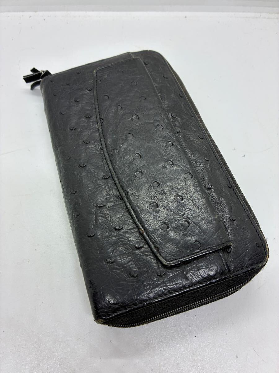 長財布 ラウンドファスナー 大容量 黒 オーストリッチ調 レザー拍卖