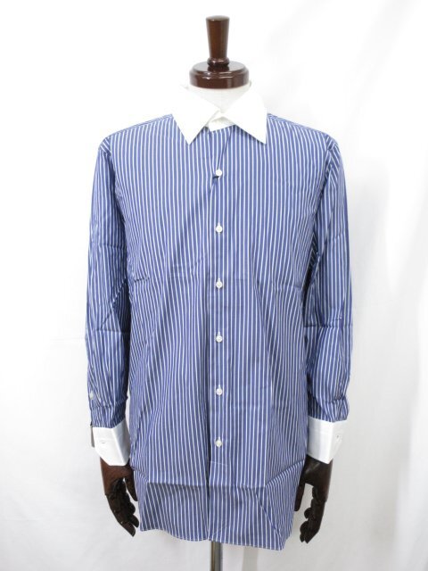 美品【デザインワークス DESIGNWORKS】セミワイドカラー ストライプ柄 クレリックシャツ (メンズ) size41 ネイビー系 0320012018◇33MK6069拍卖