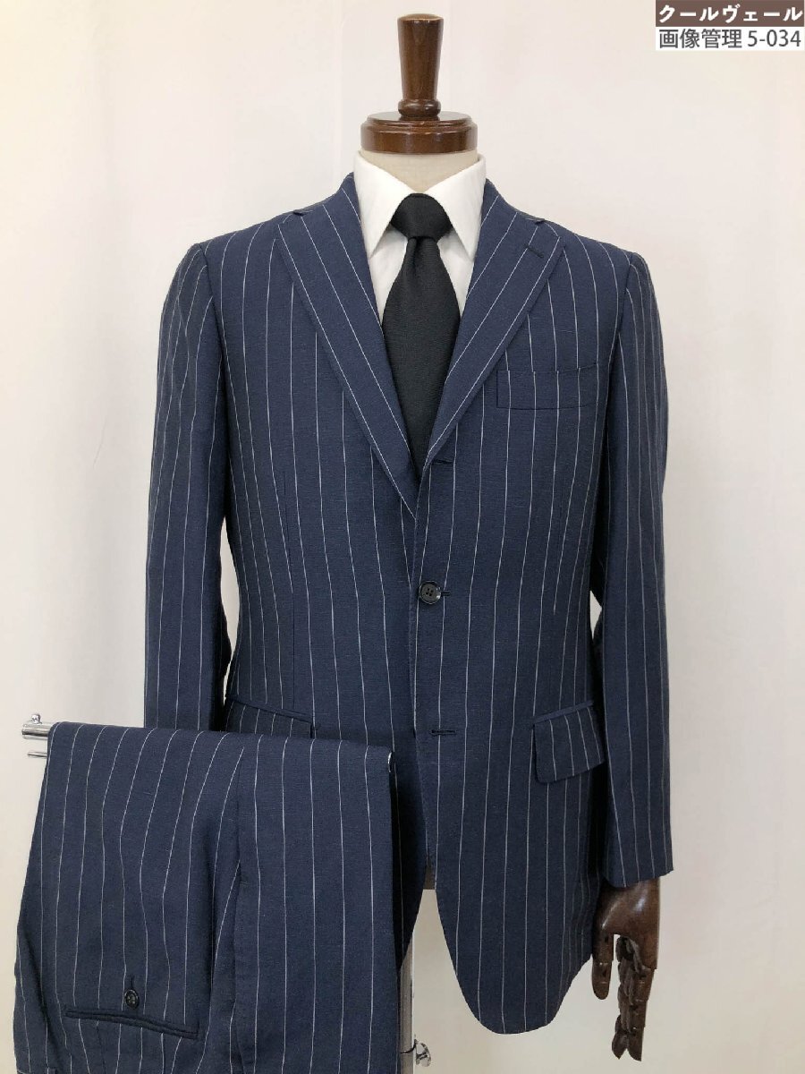 HH 超美品【RING JACKET リングヂャケット】 リネン混 シングル3ボタン段返りスーツ (メンズ) 46 紺系 ストライプ柄 RT022S33X◇33RMS2345拍卖