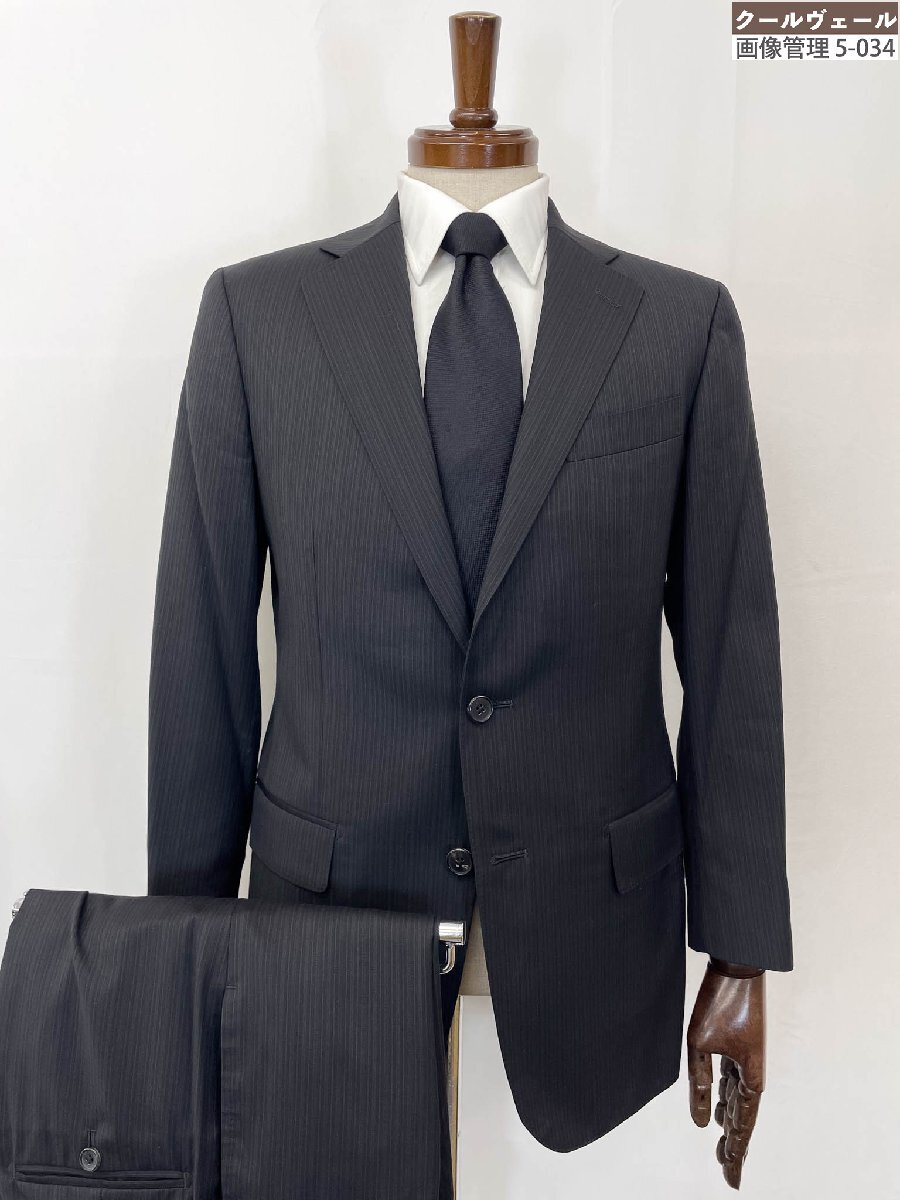 HH極美品【バーニーズニューヨーク】グアベロ生地 Super130’S シングル2ボタン スーツ(メンズ) size46 ブラック ストライプ柄 ◇35RMS2575拍卖