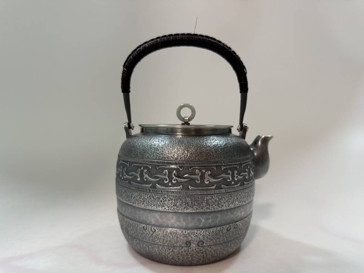 時代 純銀製 蔵六居造 如意錠紋 玉摘 湯沸 工芸品 古美術品 銀瓶 煎茶道具 拍卖