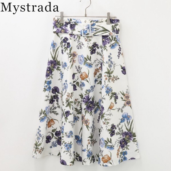 【KA52】美品◆Mystrada マイストラーダ ウエストベルト 花柄 フラワー フレア スカート 白 オフホワイト 36拍卖
