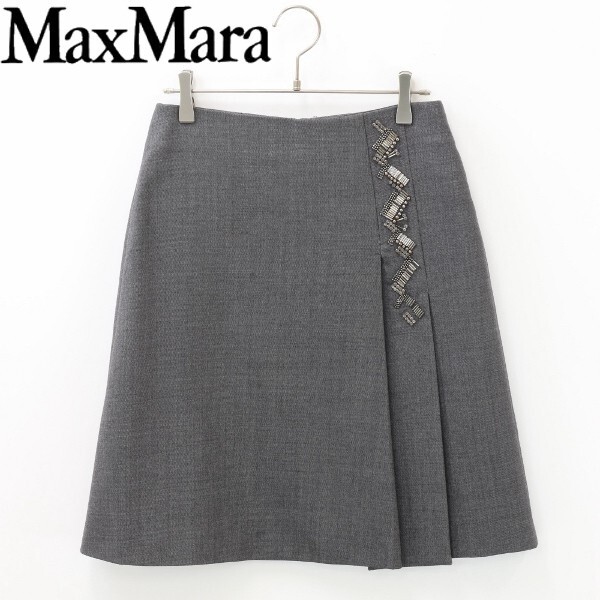 【KA74】◆Max Mara マックスマーラ ビジュー装飾 タック 台形 膝丈 スカート グレー 36拍卖