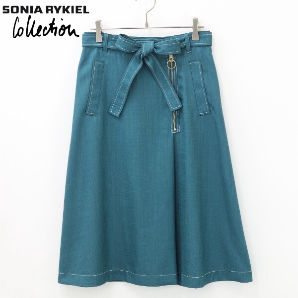 【KA152】美品◆SONIA RYKIEL Collection ソニア リキエル コレクション ウエストリボン ステッチ フレア スカート ピーコックブルー 38拍卖