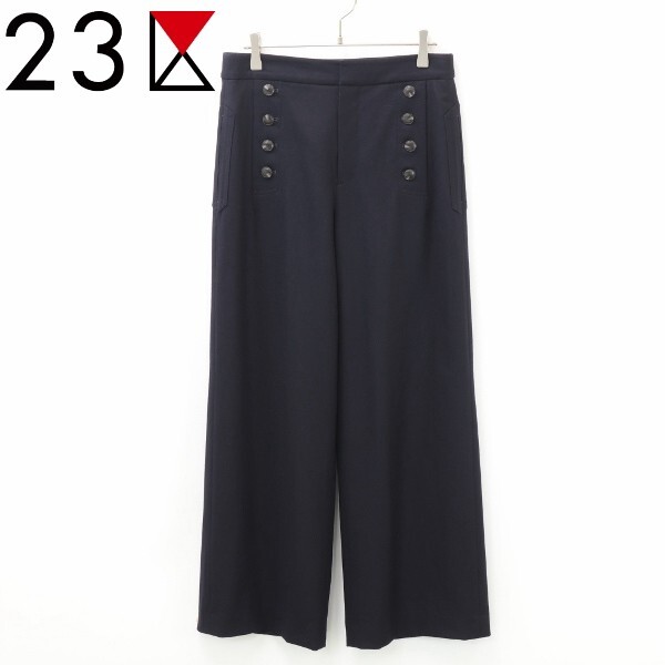 【KA137】美品◆23区 ウール スラックス ワイド ストレート パンツ 紺 ネイビー 40拍卖