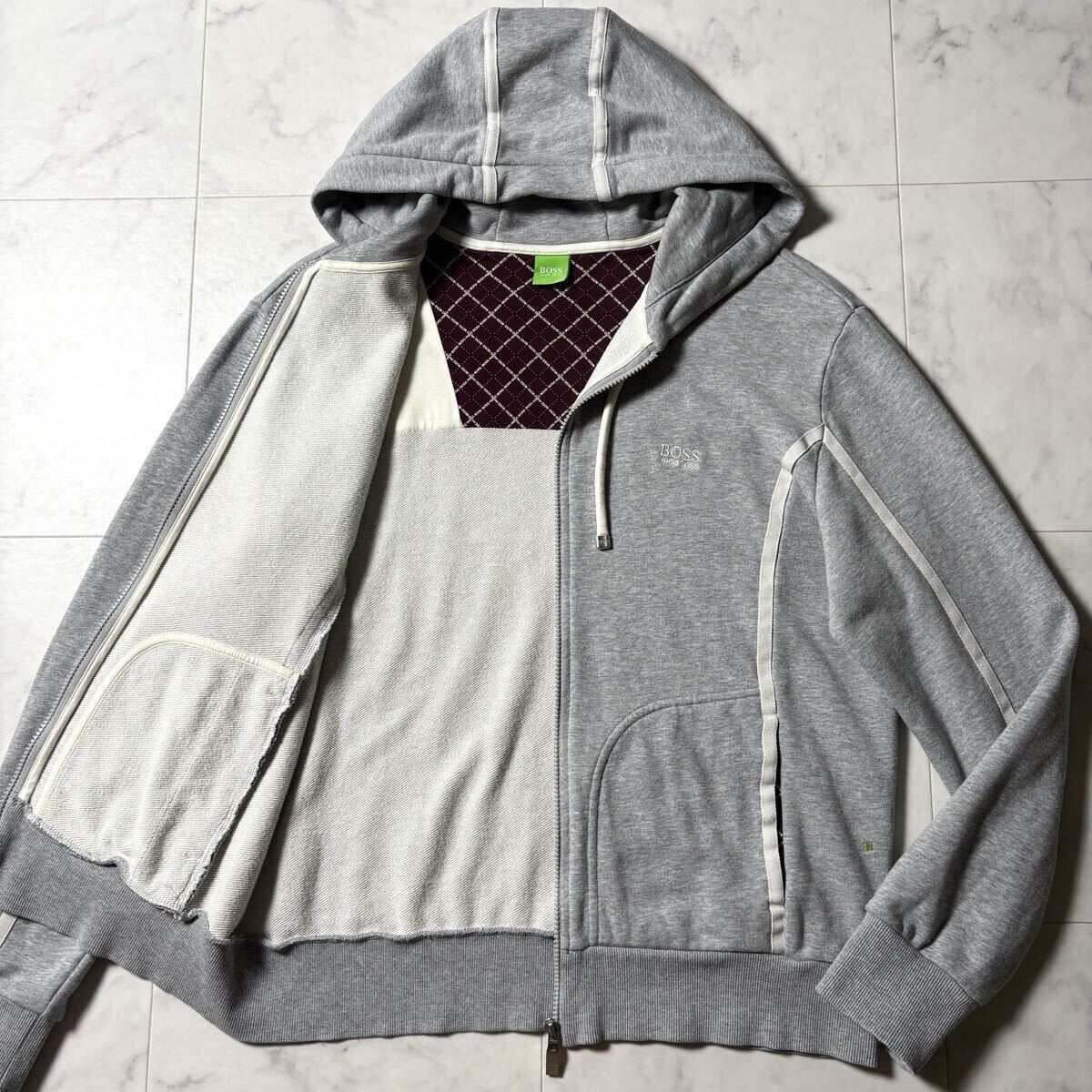 Lサイズ●ヒューゴボス HUGO BOSS ジップアップ パーカー ジャケット ブルゾン 裏地モノグラム ロゴ刺繍 コットン グレー メンズ拍卖