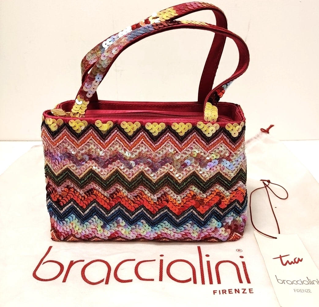 braccialini ブラッチャリーニ スパンコール ビーズワーク ミニトート ハンドバッグ イタリア フューシャピンク マルチカラー 拍卖