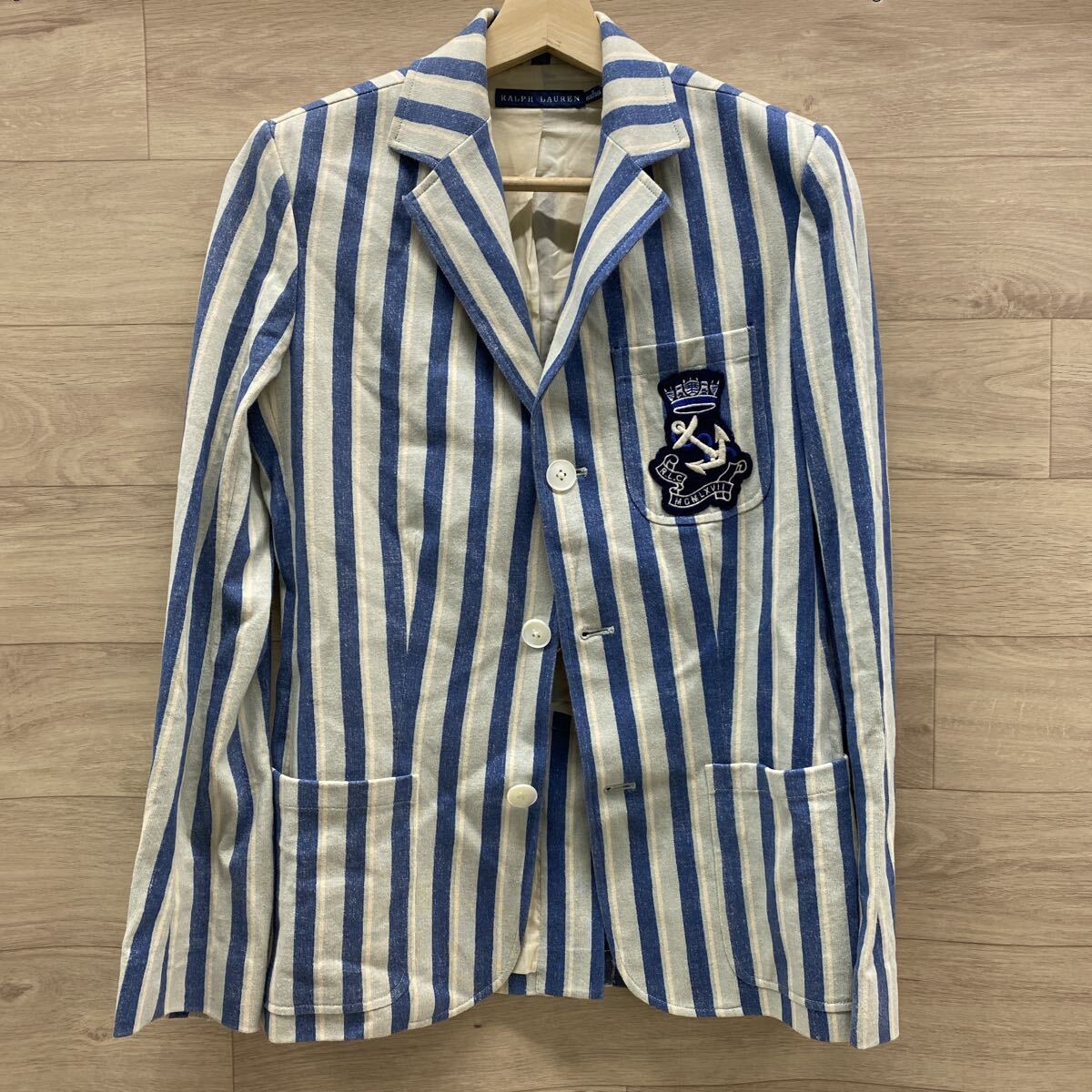 N646FN-250822-247 POLO RALPH LAUREN ラルフローレン ブレザー ストライプ テーラードジャケット ブルー ワッペン レディース 0 150/80A 拍卖