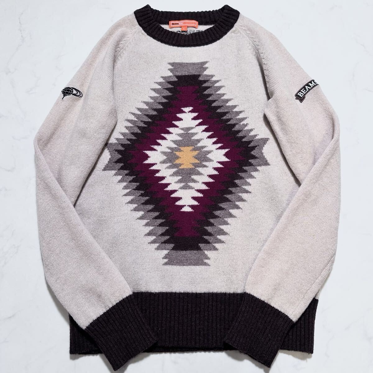 極美品 L◎ビームスゴルフ エアシャット ナバホ柄 総柄ニットセーター ロゴワッペン 長袖 ベージュ ゴルフウェア メンズ 近年 BEAMS GOLF拍卖
