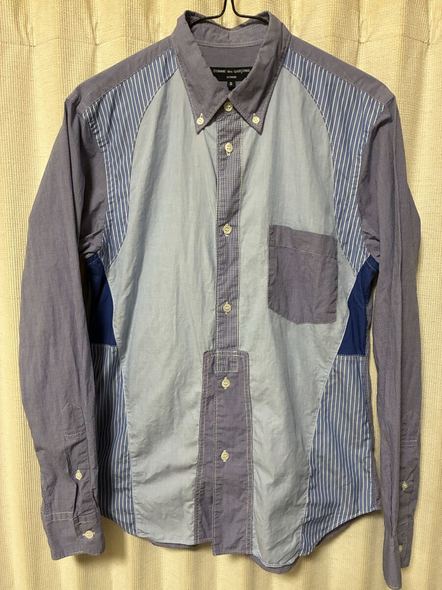 COMME des GARCONS HOMME COTTON STRIPE CHECK PATCHWORK SHIRT 再構築パッチワークストライプチェックシャツ サイズS コムデギャルソン拍卖
