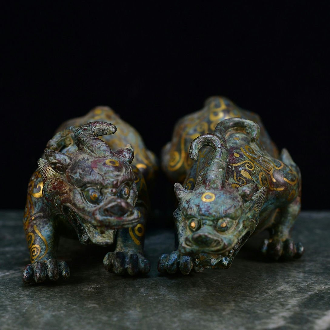 ◆羽彰・古美術◆Y1402西漢時代 青銅器 錯金青銅獣 細密細工★古置物★古賞物★古擺件★蒐集家放出★唐物拍卖