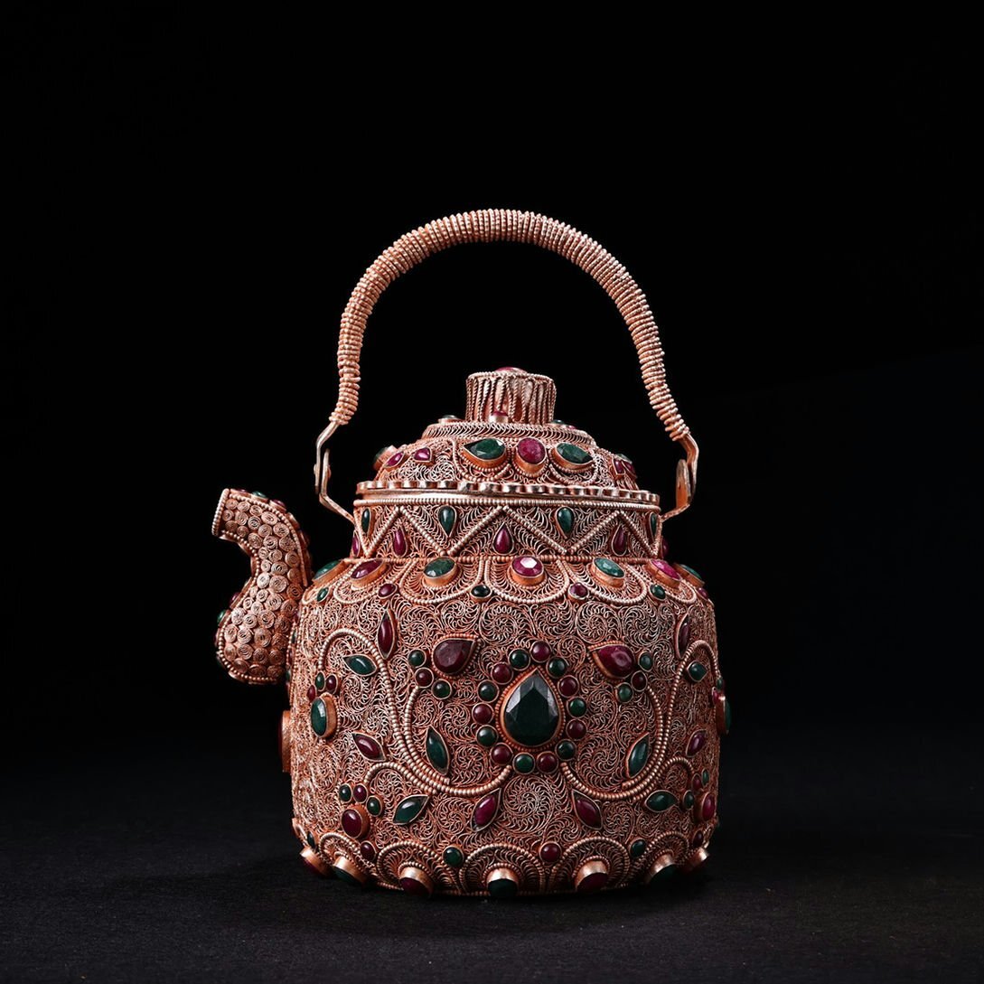 ◆羽彰・古美術◆Y2537清時代 銀製 花絲象嵌宝石銀茶壺 細密細工★古置物★古賞物★古擺件★蒐集家放出★唐物拍卖