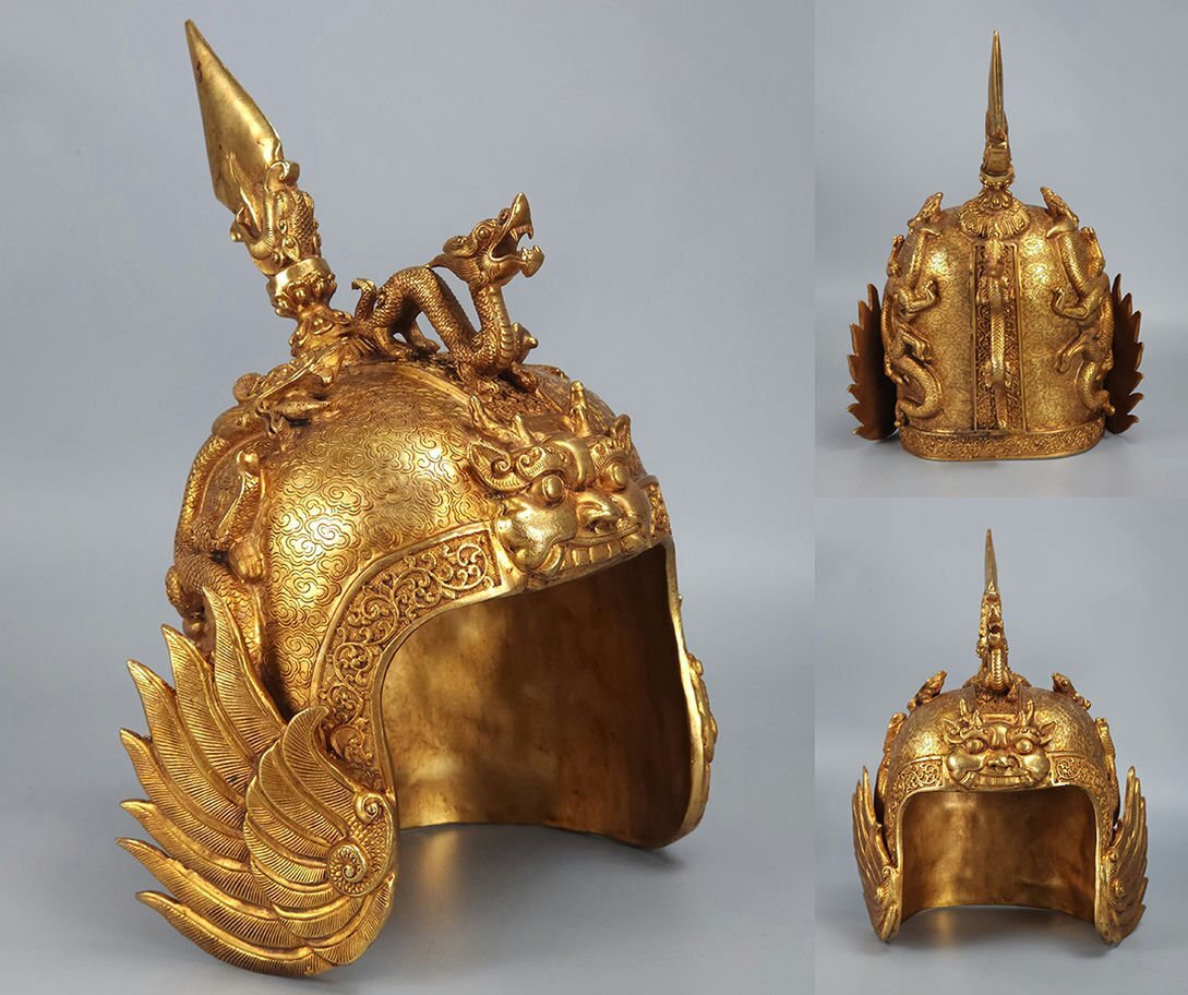 ◆羽彰・古美術◆Y0260唐時代 銅塗金 将軍冠 細密細工★古置物★古賞物★古擺件★蒐集家放出★唐物拍卖