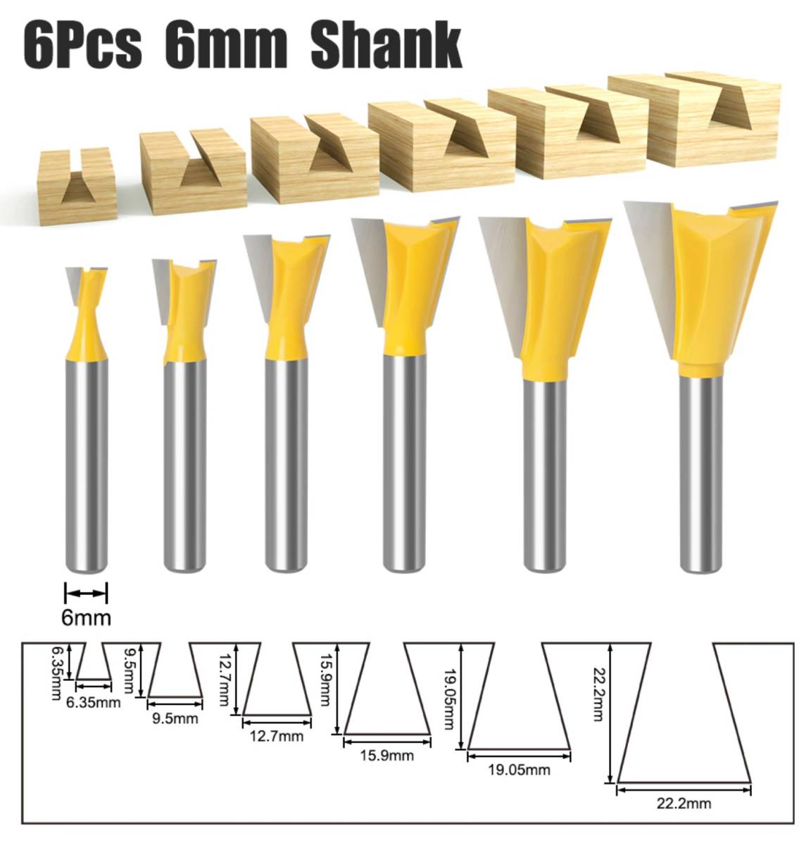 木工 アリ錐ルータービット トリマー 軸シャンク6mm カッター エンドミル フライス 6本セット拍卖