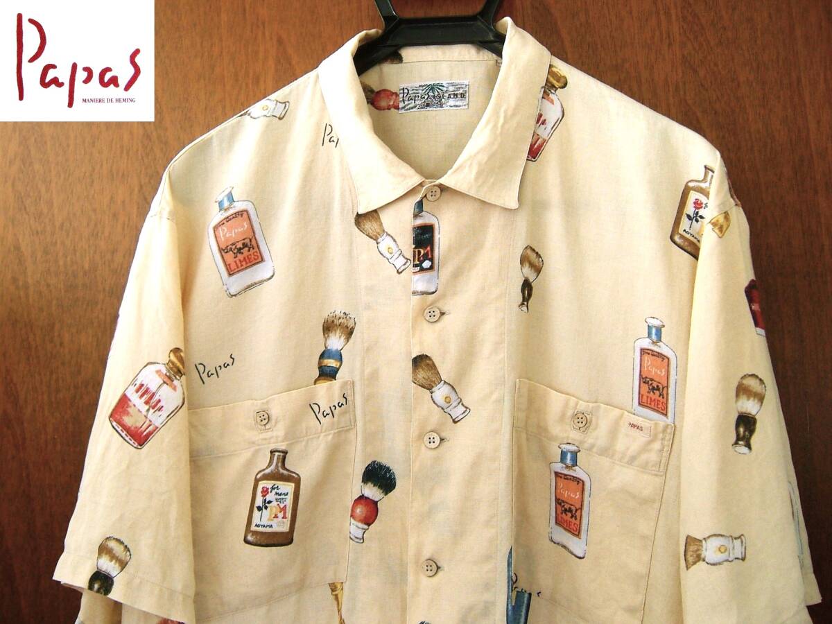 パパス PAPAS リネンシャツ 麻100% アロハシャツ 半袖シャツ Lサイズ拍卖