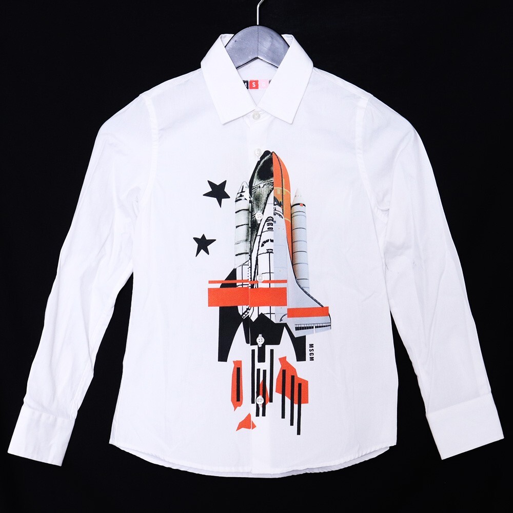 未使用 MSGM Kids poplin shirt サイズ8A ホワイト 8107-BOY エムエスジーエム キッズポプリンシャツ スペースシャトル ロケット 星 長袖拍卖