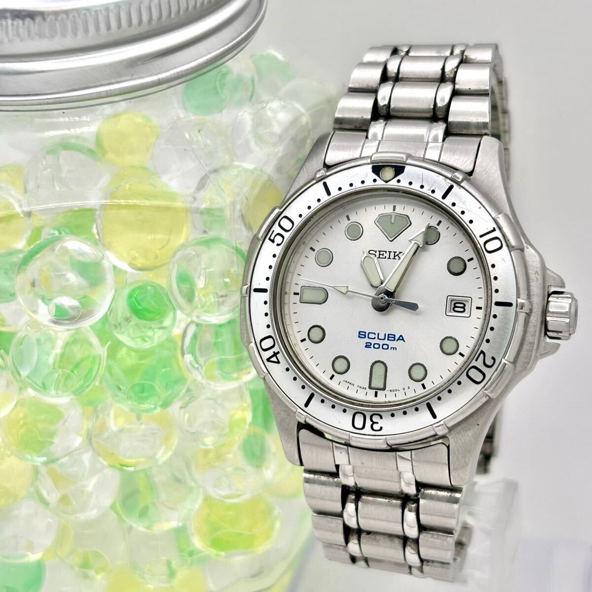 【新品電池】 SEIKO セイコー SCUBA スキューバ ダイバー 200M シルバー メンズ 腕時計 デイト 7N35-6000 132410 純正ベルト拍卖