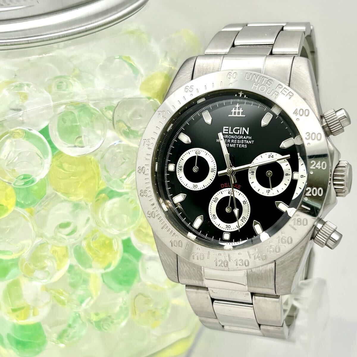 【新品電池】ELGIN エルジン クロノグラフ メンズ 腕時計 シルバー 200M ダイバー FK-1225-F拍卖