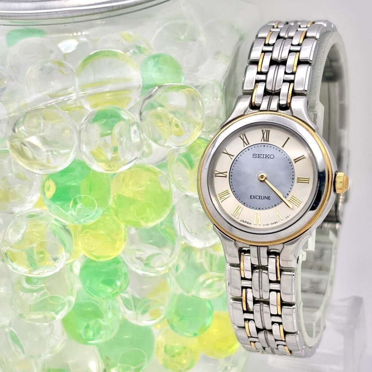 【稼働】 SEIKO セイコー EXCELINE エクセリーヌ ソーラー レディース ドレス シェル ローマン V110-0AA0 刻印あり拍卖