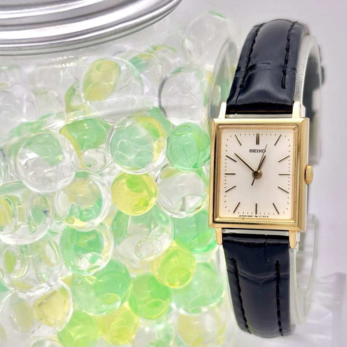 【美品/新品電池】 SEIKO セイコー レディース 腕時計 ゴールド ドレス スクエア 4N21-5012 930380 新品ベルト拍卖