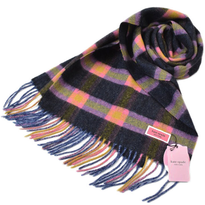 マフラー レディース ケイト スペード ニューヨーク ブランド カシミヤ 100% チェック ピンク イエロー 紺拍卖