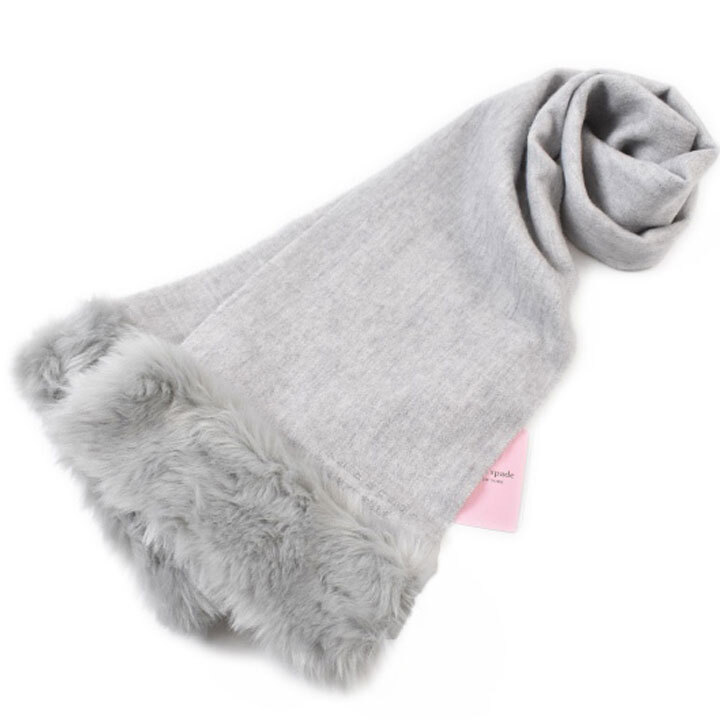 マフラー レディース ケイト スペード ニューヨーク ブランド ファー付き ウール カシミヤ混 ロゴ 刺繍 グレー拍卖