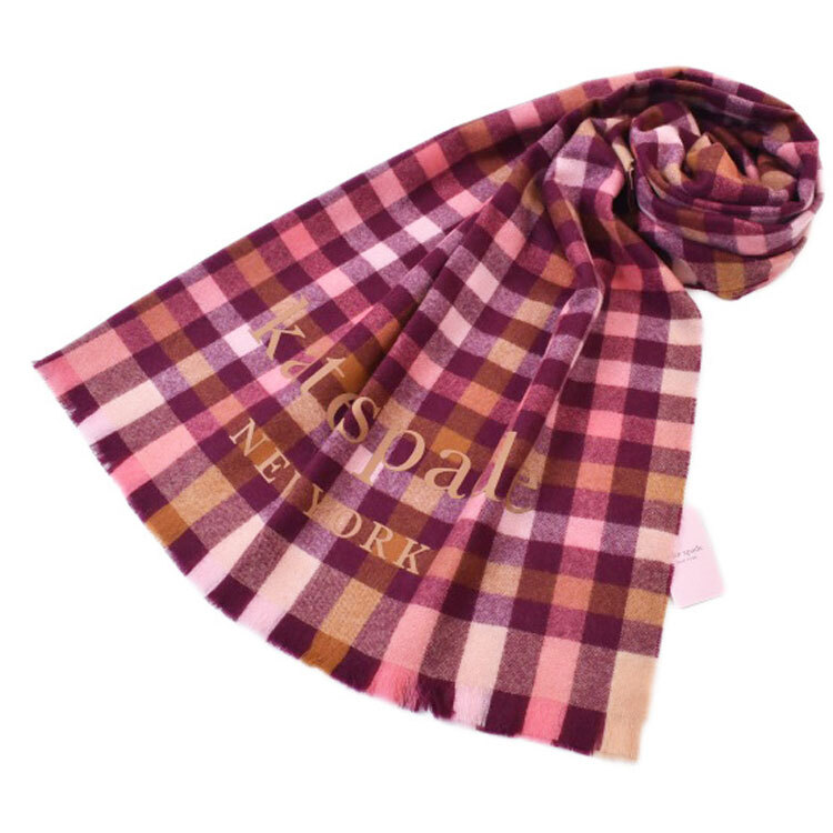 ケイト スペードニューヨーク 大判 マフラー ストール レディース ブランド カシミヤ100 チェック ボルドー ピンク拍卖