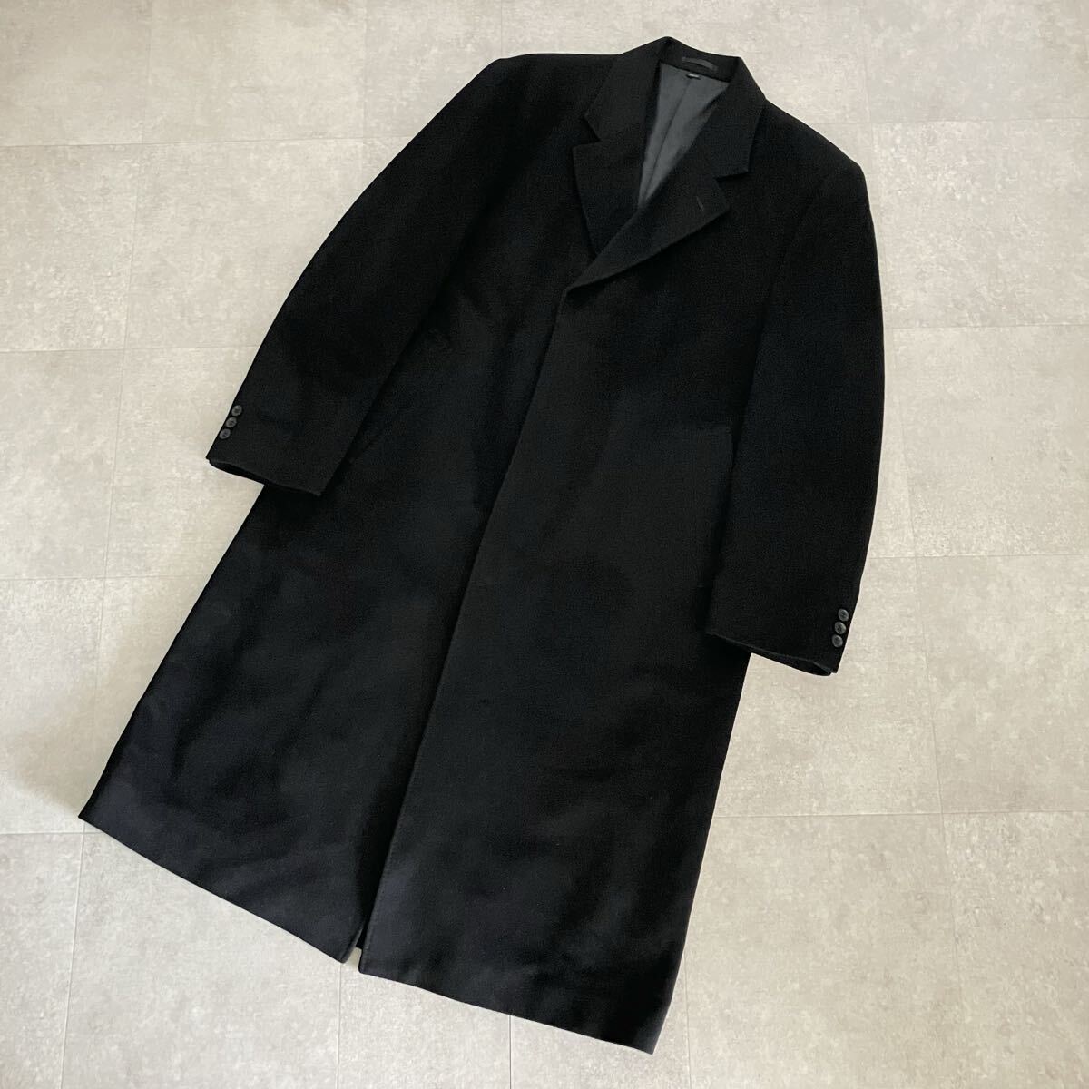 ●【極上の質感】希少な大きめサイズ カシミア100% Cashmere チェスターコート/LASERIA/ロングコート/104-A7/身長180/黒/ビジネス 拍卖