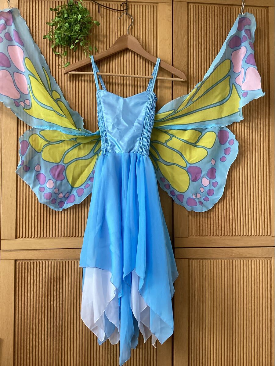 蝶の羽付き青色ドレス 妖精 女の子 発表会 イベント劇ハロウィンディズニーコストコパピヨン120 130 140蝶々ちょうちよティンカー・ベル拍卖