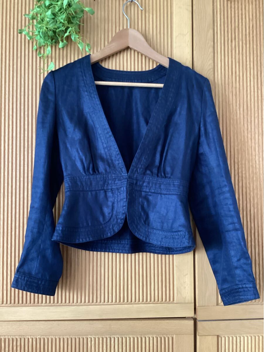 BALLSEY リネン100%ノーカラージャケット ネイビー 紺 デニム風 麻100% ブランド フォーマル カジュアル Mサイズ拍卖