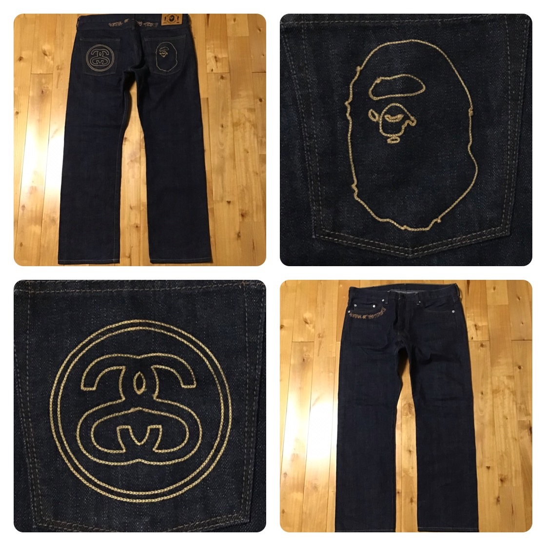 ★激レア★ STUSSY × BAPE デニム パンツ Lサイズ a bathing ape Denim Pants エイプ ベイプ アベイシングエイプ ステューシー yi166拍卖