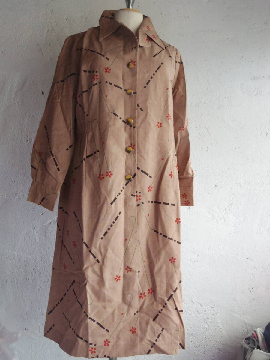 古着♪レトロVintage茶花柄おしゃれモダン長袖ワンピ♪昭和レトロワンピース70s60s70年代60年代昭和レトロビンテージクラシカルワンピ拍卖