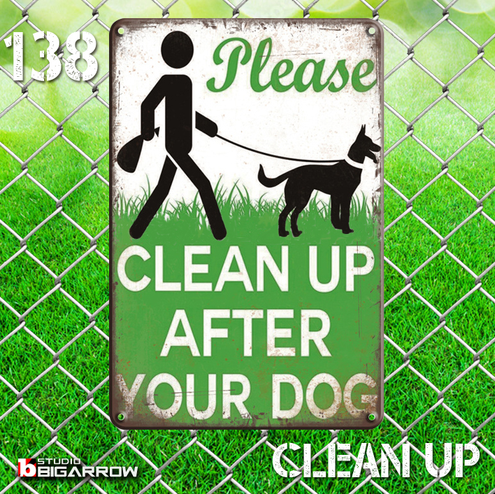 138 ブリキ看板 20×30㎝ CLEAN UP AFTER YOUR DOG お散歩マナー ガレージ メタルプレート アメリカンインテリア USフェンス 世田谷ベース拍卖
