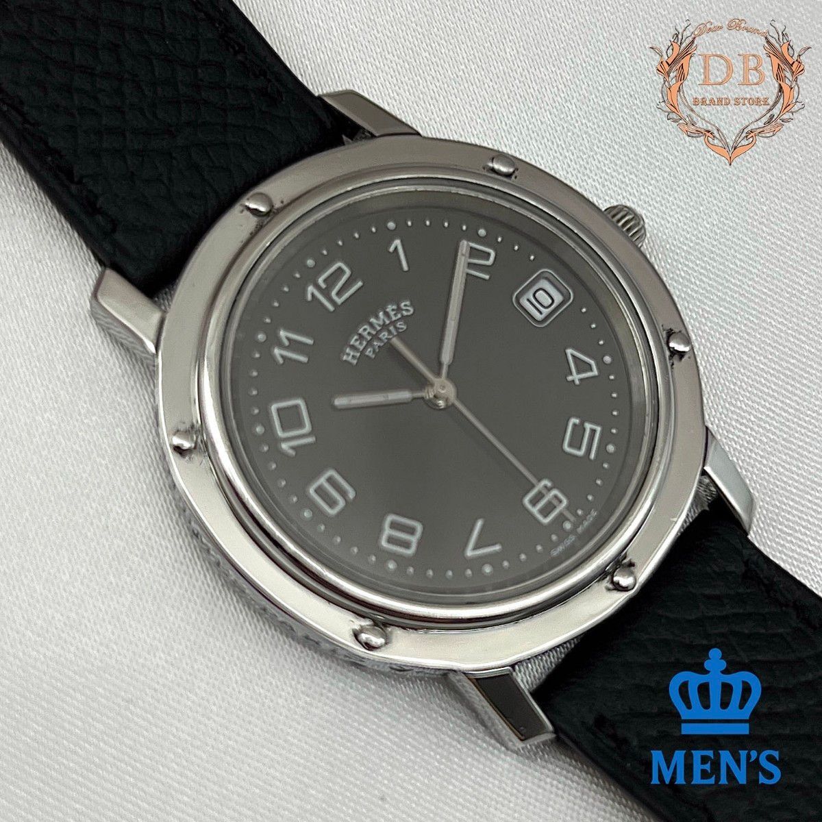 【新品電池】 エルメス クリッパー 黒文字盤 新品ベルト ブラック ビジネス Hermes メンズ 時計 革ベルト クォーツ 鑑定済み 新型 Auth拍卖