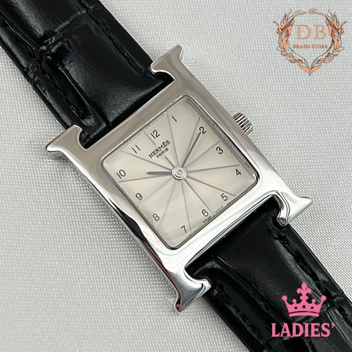 【新品電池】 エルメス Hウォッチ ビジネス 稼働品 新品ベルト Hermes レディース 時計 シルバー ホワイトベージュ文字盤 鑑定済み Auth拍卖