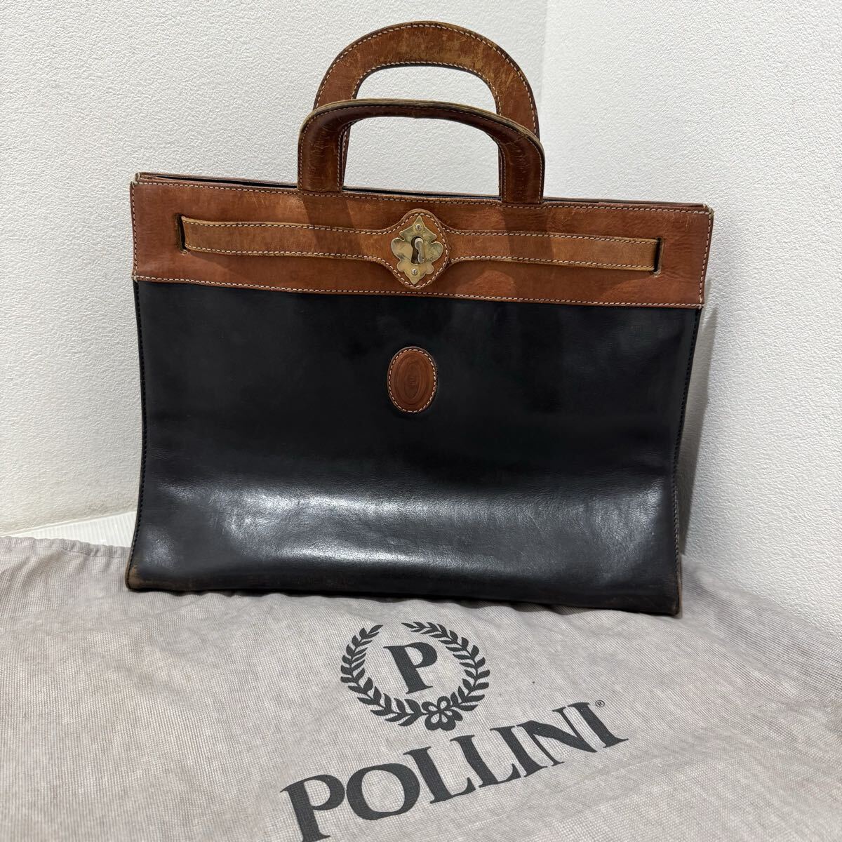 D(0912g9) POLLINI ポリーニ メンズ ビジネスバッグ ブラック×ブラウン 黒茶系 ブリーフケース ハンドバッグ 約26.5cm×35cm×14cm拍卖