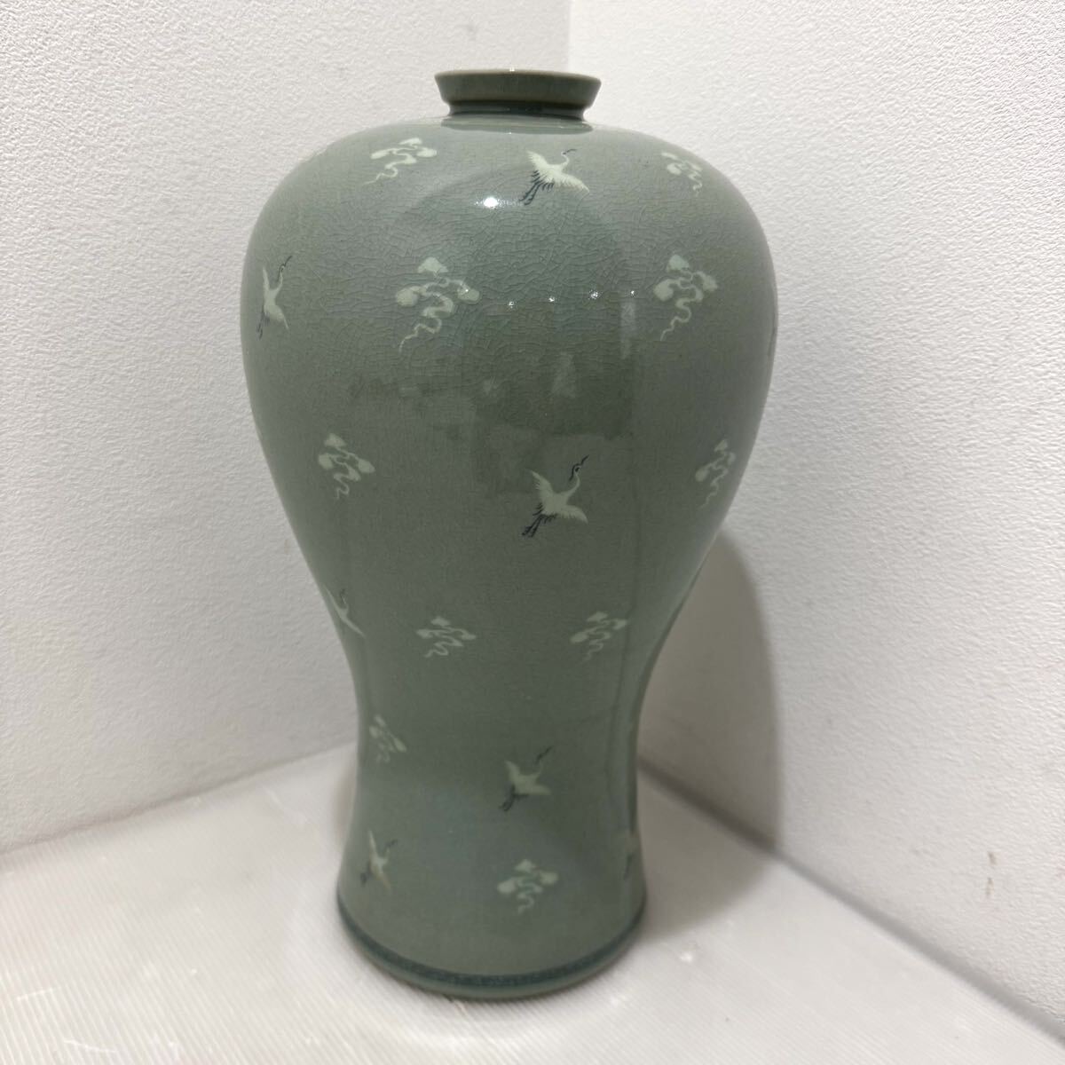 D(0926g1) 扶林窯 鶴 雲 青磁 高麗青磁 花瓶 花器 花入 陶磁器 高さ約36cm 口径約4cm拍卖