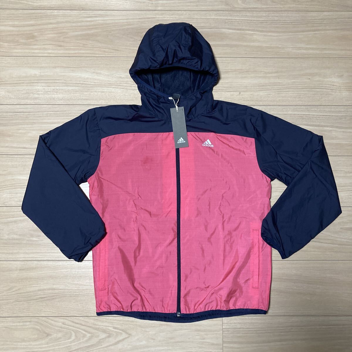adidas アディダス Climastorm ナイロンパーカー ジップアップパーカー ウィンドブレーカー ジャンパー Oサイズ ネイビー ピンク 新品拍卖