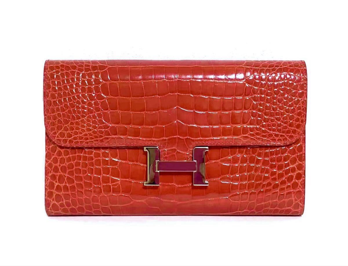 未使用展示☆正規品 エルメス HERMES コンスタンス 長財布 クロコ クロコダイル アリゲーター シルバー金具 赤 レッド拍卖