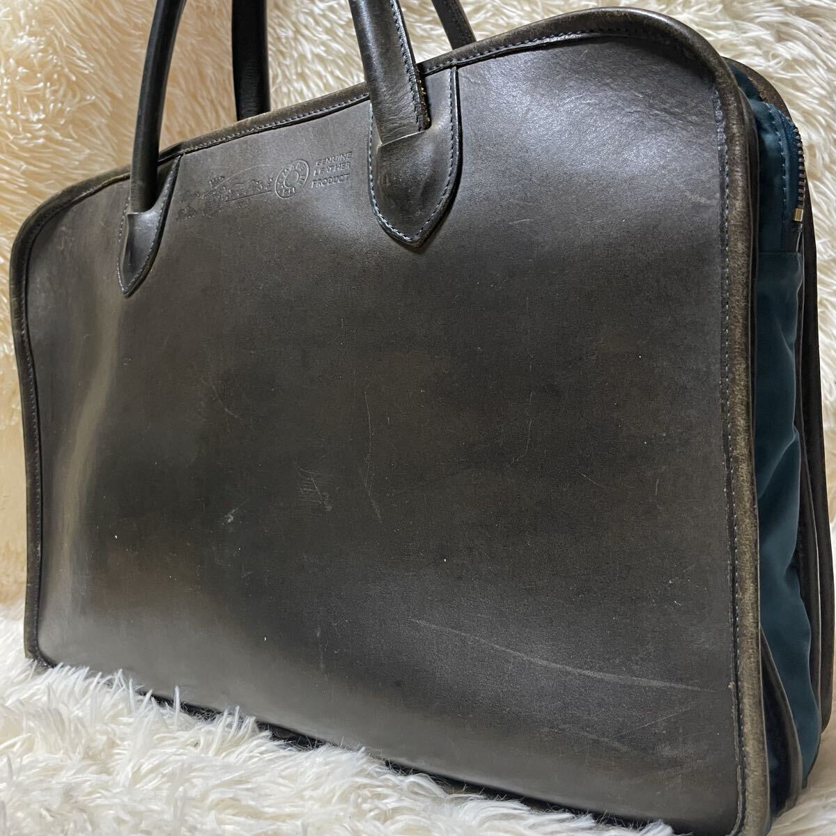 希少 フェリージ felisi 1996 アコーディオン ブリーフケース ビジネスバッグ 3室 レザー 本革 ナイロン カーキ系 グリーン A4 大容量拍卖